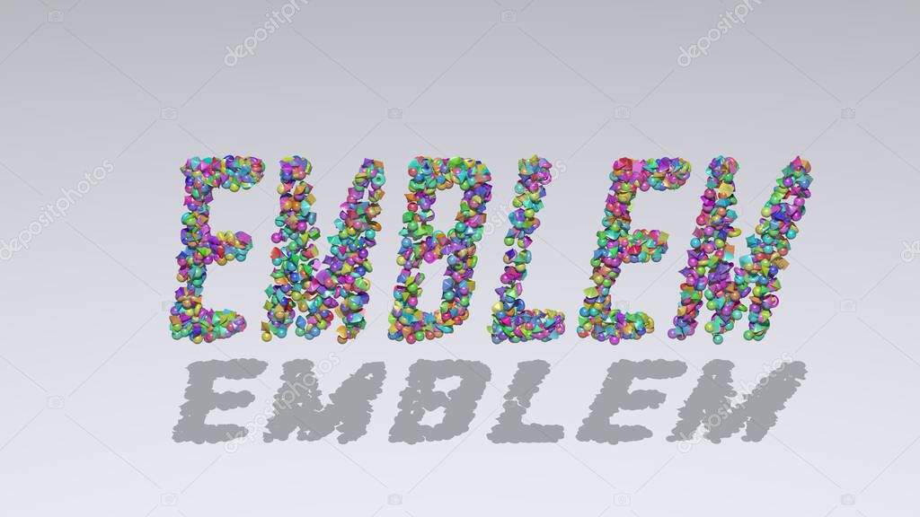 Colorful 3D writting of EMBLEM text with small objects over a white background and matching shadow