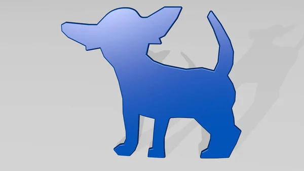 DOG made by 3D illustration of a shiny metallic sculpture on a wall with light background