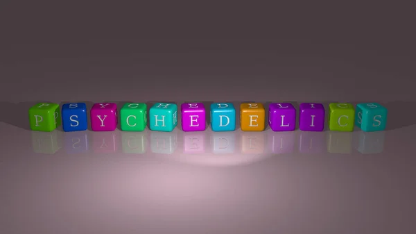 PSYCHEDELICS konseptin ilgili anlamları için zar harfleri ve renk geçişleriyle birleştirildi