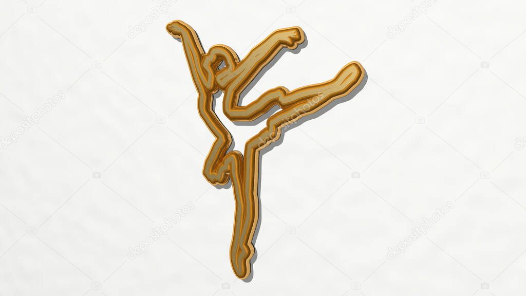 BALLERINA SYMBOL on the wall. 3D illustration of metallic sculpture over a white background with mild texture