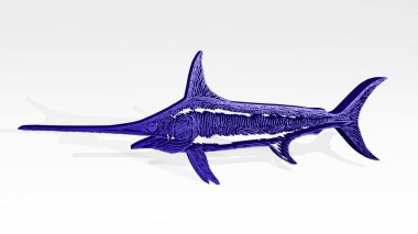 Duvardaki bir perspektiften. Üç boyutlu metalik malzemelerden yapılmış kalın bir heykel.