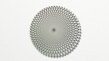 Jeometrik gölgede duvarda insanlar bir araya toplanmış durumda. Metalik heykelin beyaz arkaplan üzerine yumuşak desenli 3B çizimi