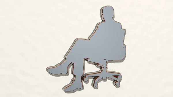 MAN ON OFFICE CHAIR made by 3D illustration of a shiny metallic sculpture on a wall with light background