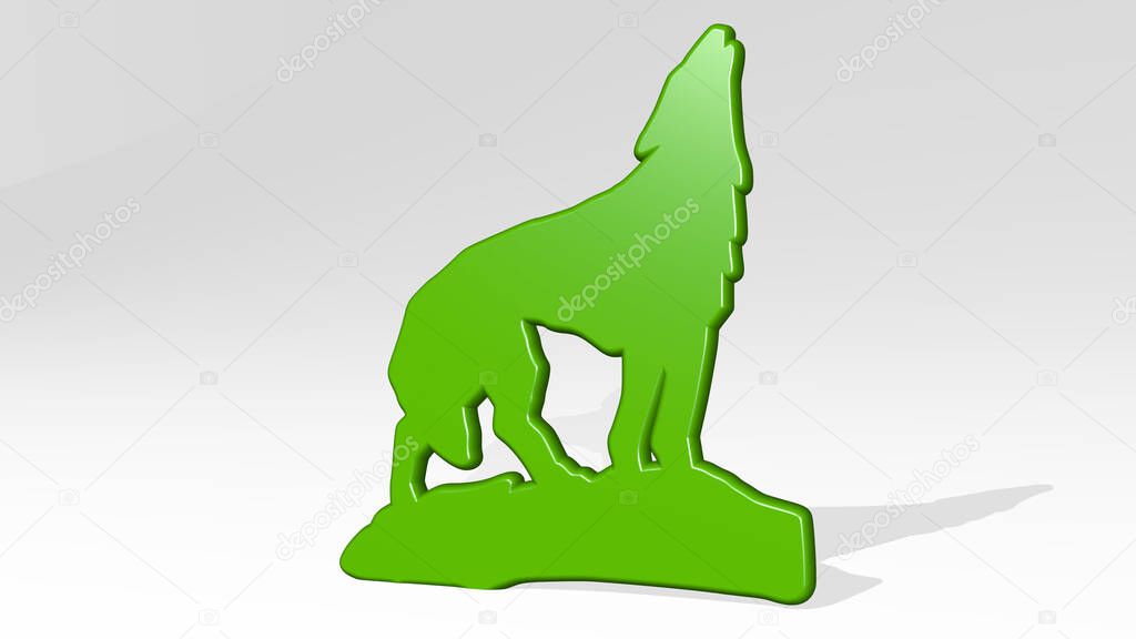 HOWLING WOLF on the wall. 3D illustration of metallic sculpture over a white background with mild texture