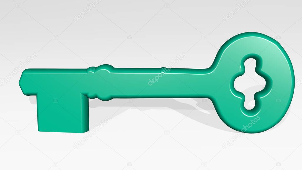 KEY made by 3D illustration of a shiny metallic sculpture on a wall with light background