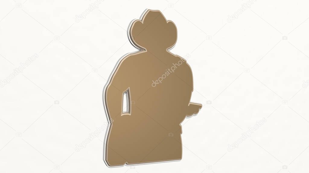 cowboy playing country music by guitar on the wall. 3D illustration of metallic sculpture over a white background with mild