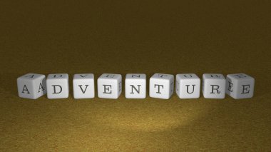 Ayna zemininde kübik harflerle düzenlenmiş alfabetik ADVENTURE, konsept anlamı ve sunum 3B perspektifte