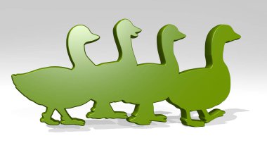 Duvardaki bir perspektiften ördekler. Üç boyutlu metalik malzemelerden yapılmış kalın bir heykel..