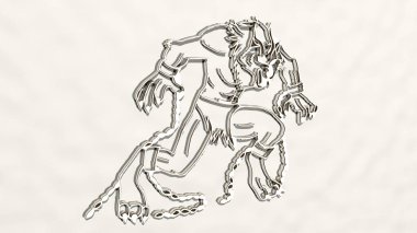 Shackles 'daki canavar duvardaki bir perspektiften. Üç boyutlu metalik malzemelerden yapılmış kalın bir heykel.