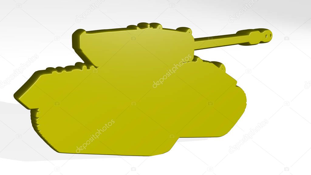 MILITARY TANK on the wall. 3D illustration of metallic sculpture over a white background with mild texture