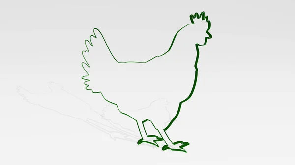 Chicken Outline Made Illustration Shiny Metallic Sculpture Wall Light Background — Stock Photo, Image