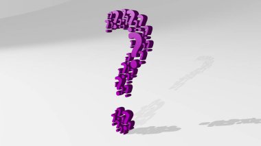 Duvardaki işaretlerle soru işareti. Metalik heykelin beyaz arkaplan üzerine yumuşak desenli 3B çizimi