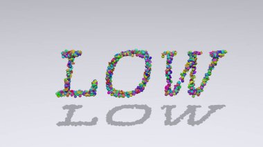 düşük: gölgeli beyaz arkaplan üzerinde küçük nesnelerden yapılmış metnin üç boyutlu çizimi