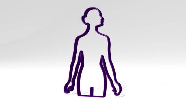 Duvarda. Metalik heykelin beyaz arkaplan üzerine yumuşak desenli 3B çizimi