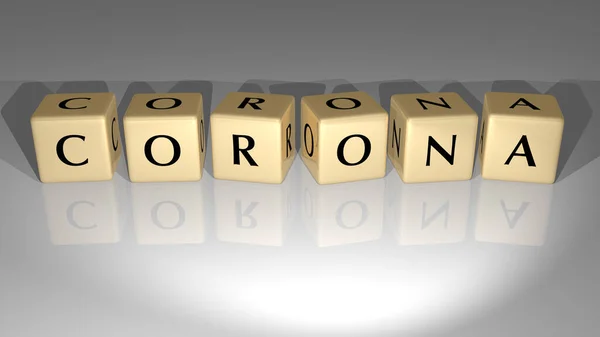 CORONA made by golden dice letters and color crossing for the related meanings of the concept