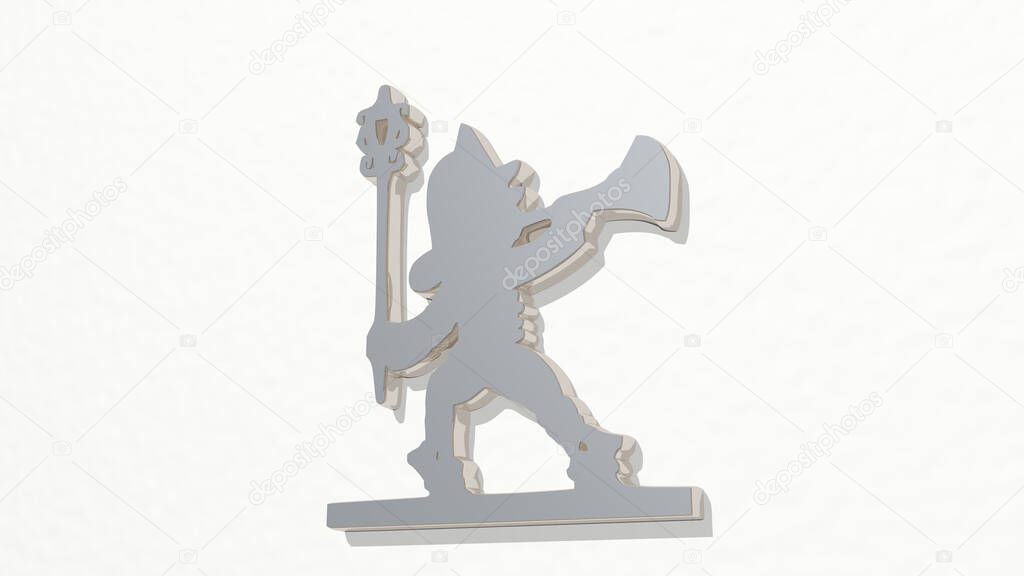 FIREMAN BLOWING HORN made by 3D illustration of a shiny metallic sculpture on a wall with light background