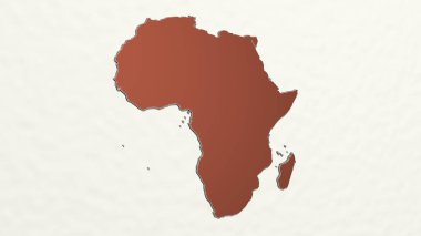 Duvarda Afrika haritası var. Metalik heykelin beyaz arkaplan üzerine yumuşak desenli 3B çizimi