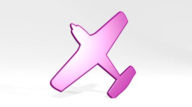 Duvarda klas bir AEROPLANE var. Metalik heykelin beyaz arkaplan üzerine yumuşak desenli 3B çizimi