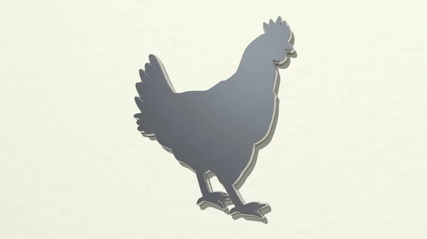 CHICKEN made by 3D illustration of a shiny metallic sculpture on a wall with light background
