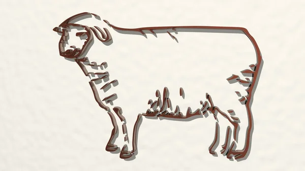 Sheep Der Wand Illustration Einer Metallischen Skulptur Auf Weißem Hintergrund — Stockfoto