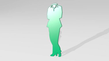 woman suit standing on the wall. 3D illustration of metallic sculpture over a white background with mild texture clipart