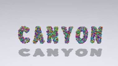 Kanyon renkli küçük nesnelerin beyaz arkaplana gölge düşürerek 3 boyutlu illüstrasyonuyla yazıldı