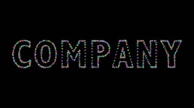 Koyu arkaplan ve eşleşen gölge üzerinde küçük nesnelerle şirket metninin renkli 3D yazımı