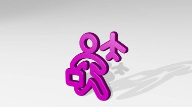 Duvardaki perspektiften bakıldığında, uçak seyahati. Üç boyutlu metalik malzemelerden yapılmış kalın bir heykel. İnsanlar ve kız