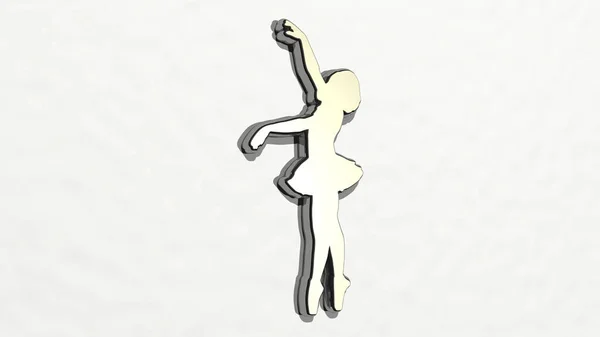 Ballerina Dancing的3D插图制作的闪亮的金属雕塑在墙壁上的轻背景 跳舞和跳舞 — 图库照片