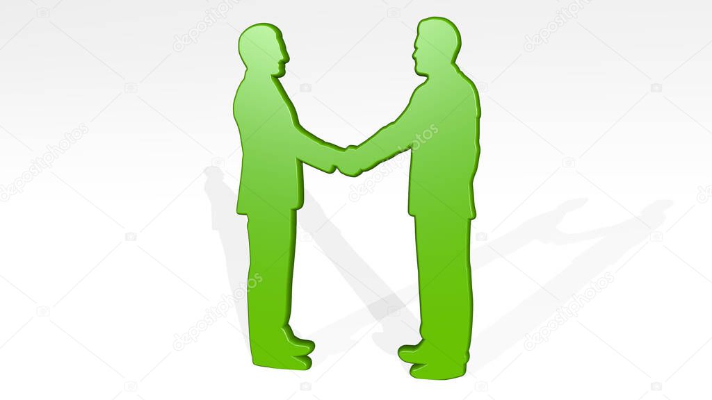 businessmen shaking hands on the wall. 3D illustration of metallic sculpture over a white background with mild texture. cooperation and businesspeople