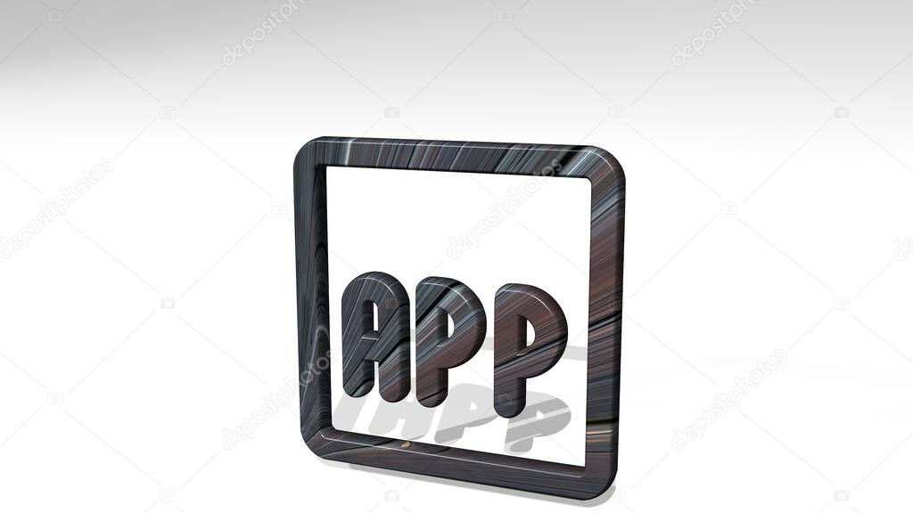 app made by 3D illustration of a shiny metallic sculpture on a wall with light background. black and flat