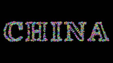 Koyu bir arkaplan ve eşleşen gölgenin üzerinde küçük nesneler bulunan ÇİN metninin 3B renkli yazımı