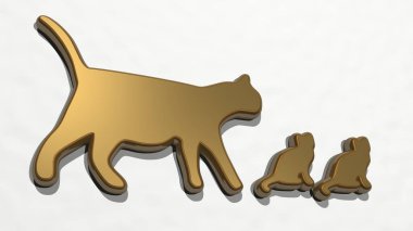 Kediler, parlak arkaplanlı bir duvarda parlayan metalik bir heykelin 3 boyutlu çizimi tarafından yapıldı. sanat ve beyaz