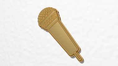 Duvarda mikrofon var. Metalik heykelin beyaz arka planda, yumuşak desenli üç boyutlu çizimi. eğlence ve siyah