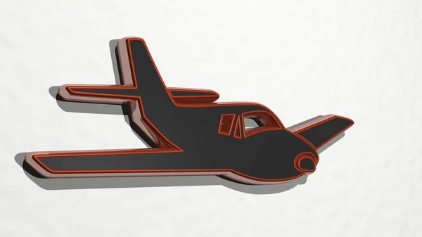 Small Aeroplane Wykonane Przez Ilustracji Błyszczącej Rzeźby Metalicznej Ścianie Jasnym — Zdjęcie stockowe