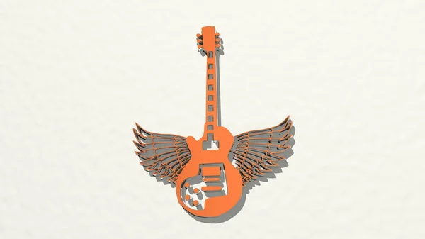 Guitar Électrique Avec Des Ailes Sur Mur Illustration Sculpture Métallique — Photo