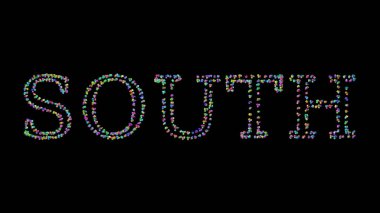 SOUTH, siyah arkaplana gölge düşüren renkli küçük nesneler tarafından üç boyutlu illüstrasyonla yazıldı