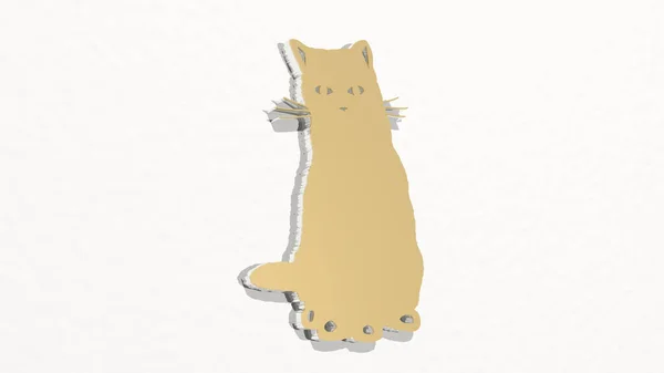 光の背景を持つ壁に光沢のある金属彫刻の3Dイラストで作られたCat 隔離され白い — ストック写真