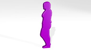 Duvardaki perspektiften bir kız. Üç boyutlu metalik malzemelerden yapılmış kalın bir heykel. yetişkin ve illüstrasyon