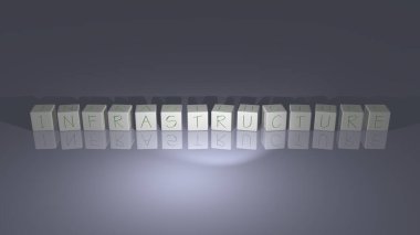 Aynanın zemininde kübik harflerle düzenlenmiş alfabetik Altyapı, kavram anlamı ve sunum 3B perspektifte