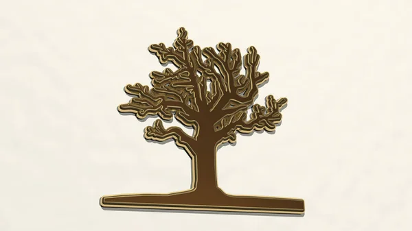 Tree Wykonane Przez Ilustracji Błyszczącej Rzeźby Metalicznej Ścianie Jasnym Tłem — Zdjęcie stockowe