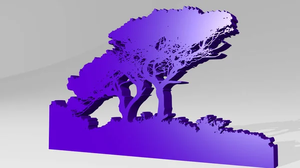 Stromy Vytvořené Ilustrací Lesklé Kovové Sochy Stěně Světelným Pozadím Les — Stock fotografie