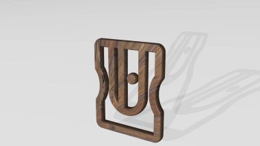 Duvardaki tasarım aleti bileyicisi. Metalik heykelin beyaz arka planda, yumuşak desenli üç boyutlu çizimi. Yapı ve renkli