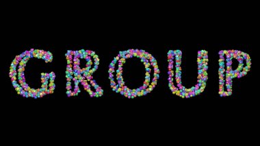 Renkli küçük nesneler tarafından üç boyutlu illüstrasyonla yazılmış grup siyah bir arkaplana gölge düşürüyor