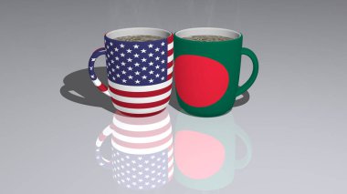 Amerika Birleşik Devletleri ve Bangladeş bir fincan sıcak kahvenin üzerine yerleştirilmiş 3 boyutlu bir resimde gerçekçi bir perspektif ve yerde yansıyan gölgeler