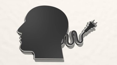 Duvarında elektrik prizi olan bir adam. Metalik heykelin beyaz arka planda, yumuşak desenli üç boyutlu çizimi. mavi ve araba