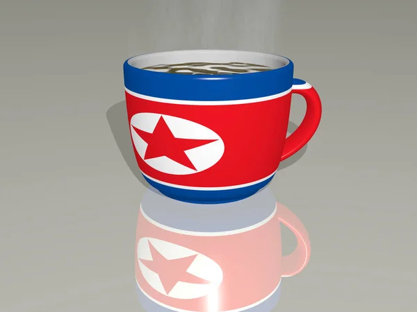 NORTH KOREA placed on a cup of hot coffee mirrored on the floor in a 3D illustration with realistic perspective and shadows