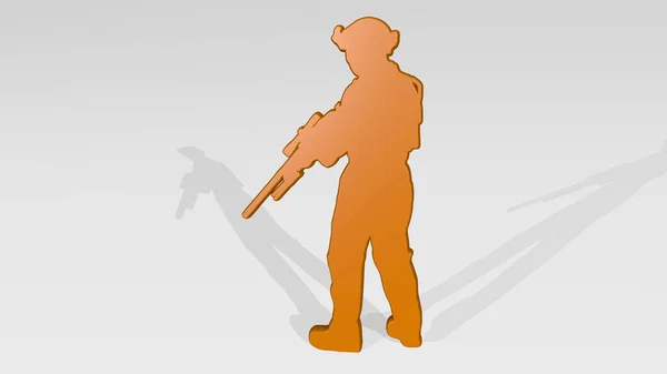 Soldier Met Gun Aan Muur Illustratie Van Metalen Sculptuur Een — Stockfoto