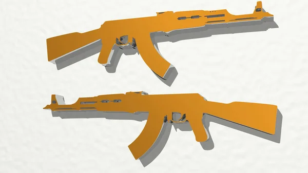 Kalashnikov Wykonany Przez Ilustracji Błyszczącej Rzeźby Metalicznej Ścianie Jasnym Tłem — Zdjęcie stockowe
