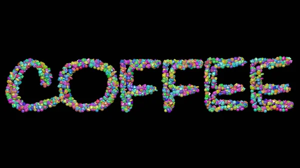 Kaffee Darstellung Des Textes Aus Kleinen Objekten Auf Schwarzem Hintergrund — Stockfoto